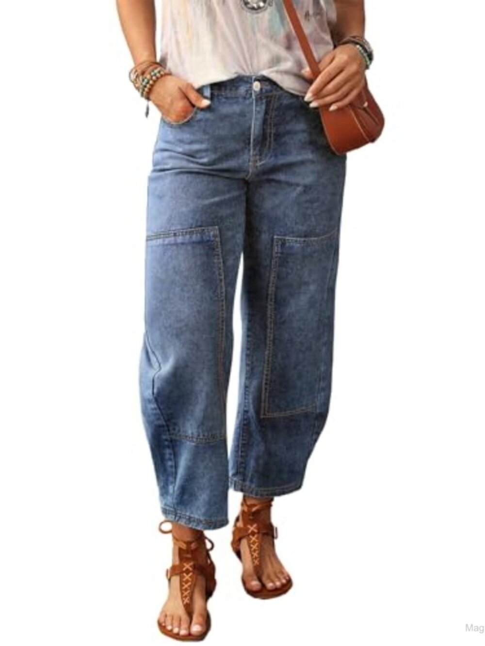 Women's High Rise Barrel Jeans Elastic Waist Cropped Wide Leg Cotton Stretch